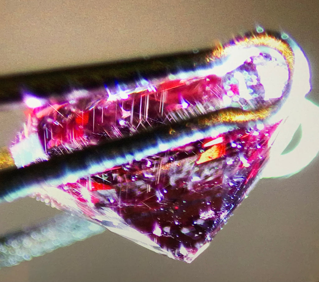 Rutile needles displayed in the microscope using fibre optic directional lighting to highlight them (these not visible to the naked eye)